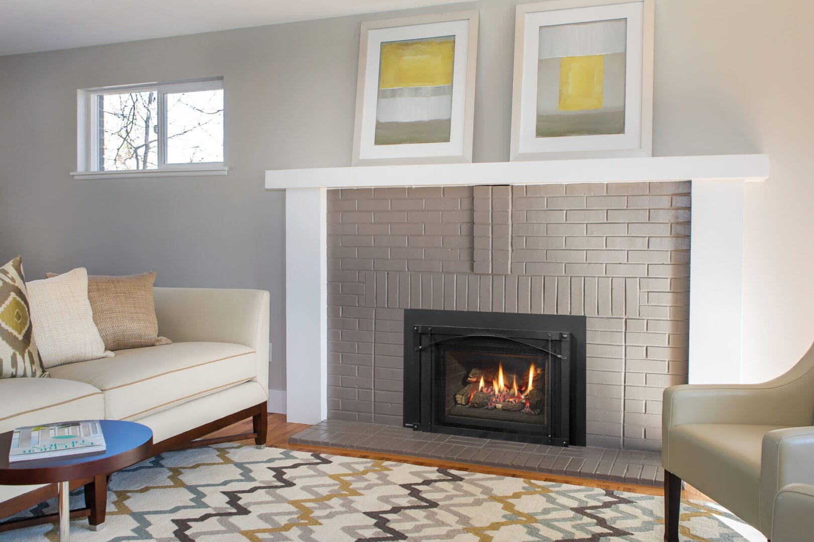 Small Liberty fireplace surounded by painted brick