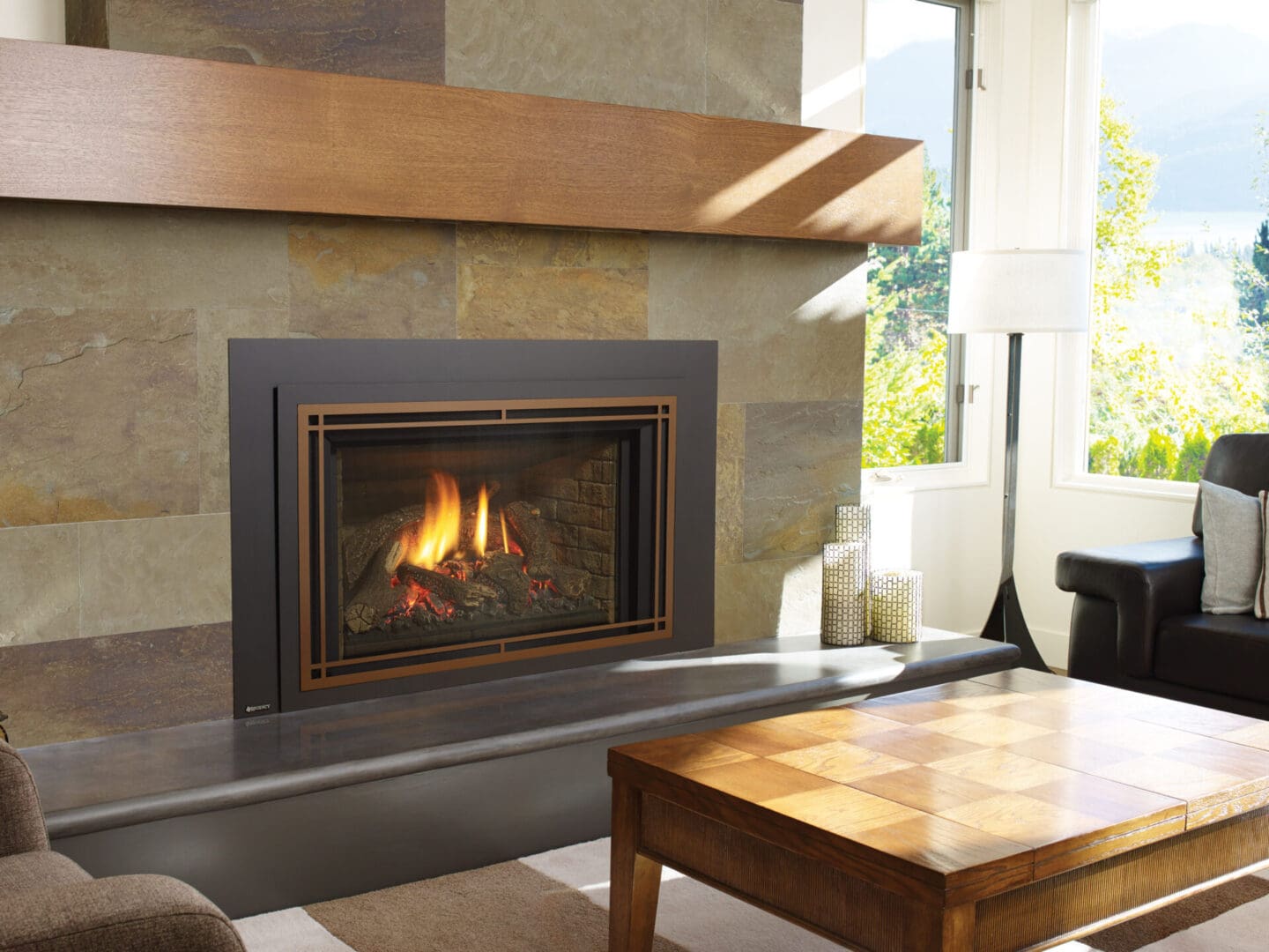 Liberty Gas Fireplace with large wood mantel